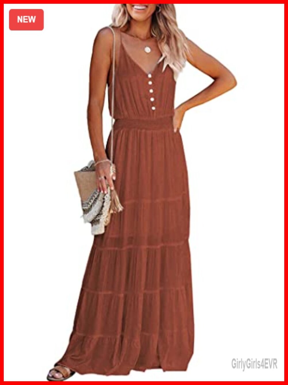 Spaghetti Strap V-Neck Tiered Maxi Dress Sleeveless A-Line Sundress